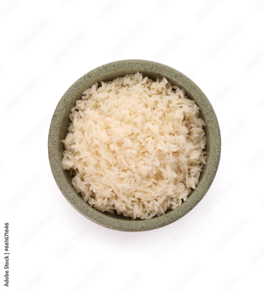 Delicious rice in bowl isolated on white, top view Delicious rice in bowl isolated on white, top view
