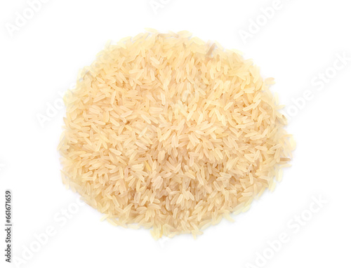 Pile of raw rice isolated on white, top view