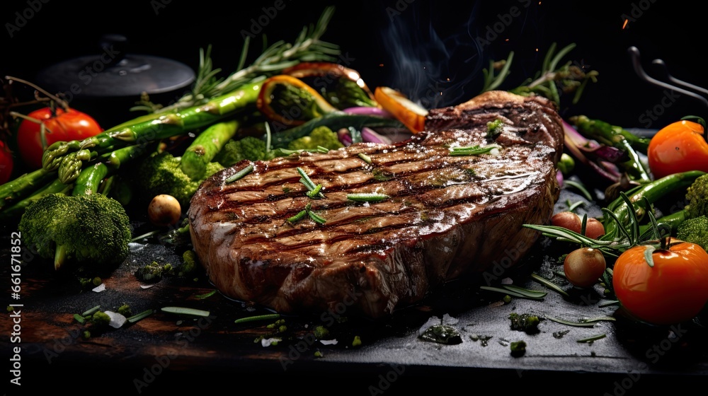 Delicious and tasty grilled beef with vegetables on the table AI Generative Delicious and tasty grilled beef with vegetables on the table AI Generative