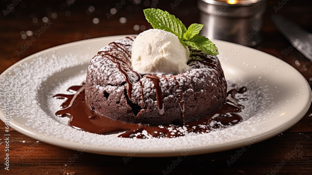 Delicious and tasty chocolate cake with ice cream topping on the table AI Generative Delicious and tasty chocolate cake with ice cream topping on the table AI Generative
