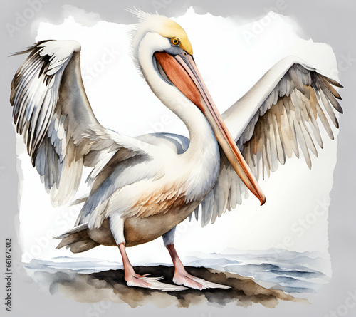 White Pelican bird, watercolor dye painting