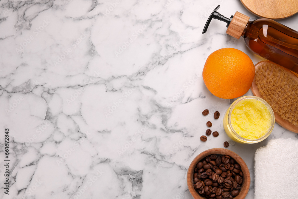 Flat lay composition with natural body scrub and fresh ingredients on white marble table, space for text. Anti cellulite treatment Flat lay composition with natural body scrub and fresh ingredients on white marble table, space for text. Anti cellulite treatment