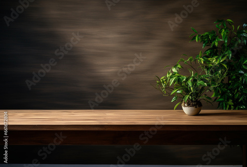 Wooden table in dark room  plants background. AI generated Images