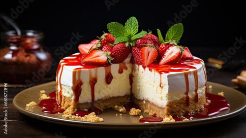 Delicious and tasty cake with strawberry topping on the table AI Generative