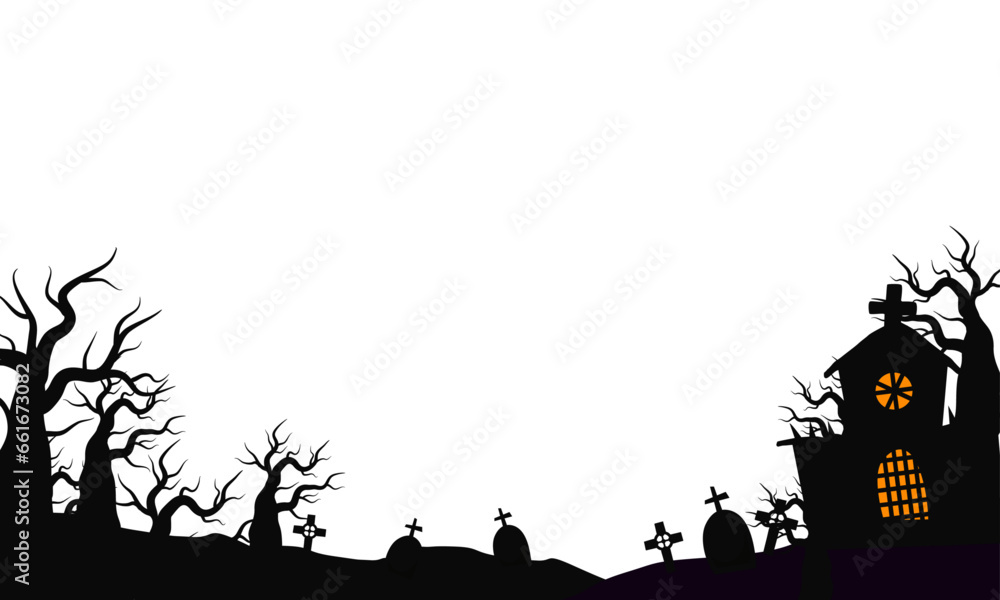Vector halloween night illustration with dark castle cemetery crosses, dead trees