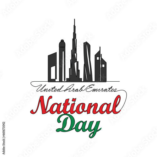 One continuous line drawing of UAE National Days on December 2nd. UAE National Days design in simple linear style illustration. Suitable for greeting card, poster and banner. Patriotic design concept.