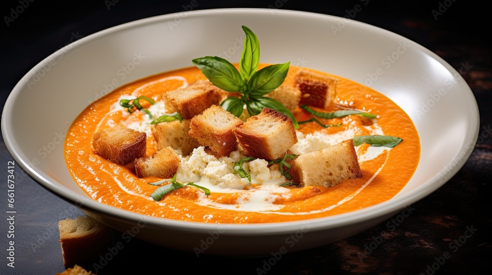 Delicious and tasty soup with basil leaves on the table AI Generative Delicious and tasty soup with basil leaves on the table AI Generative
