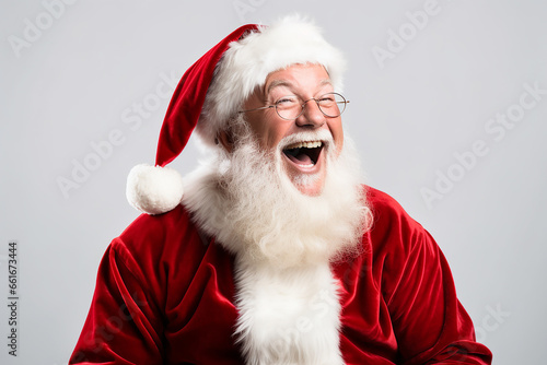 Photoshoot of a hyper realistic Santa Claus with white and red background | Santa Claus laughing | Christmas holidays | Stock photography of Santa Claus for Xmas | December 25th | Jolly Santa Claus