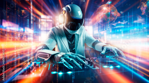 AI dj robot partying futuristic background 