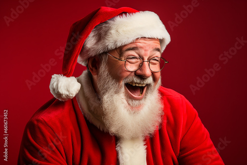 Photoshoot of a hyper realistic Santa Claus with white and red background | Santa Claus laughing | Christmas holidays | Stock photography of Santa Claus for Xmas | December 25th | Jolly Santa Claus