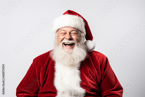 Photoshoot of a hyper realistic Santa Claus with white and red background | Santa Claus laughing | Christmas holidays | Stock photography of Santa Claus for Xmas | December 25th | Jolly Santa Claus