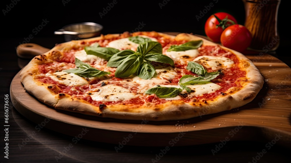 Delicious and tasty pizza with basil leaves on the table AI Generative Delicious and tasty pizza with basil leaves on the table AI Generative