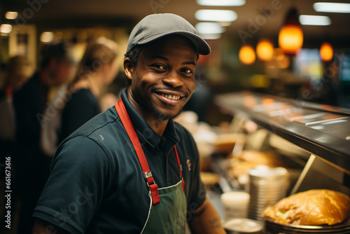 Fast food worker smiling & standing at a counter waiting for a customer to order