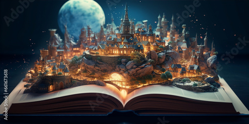 Open magical book with fantasy landscape over pages,, Magical Open Book of Imagination Generative Ai