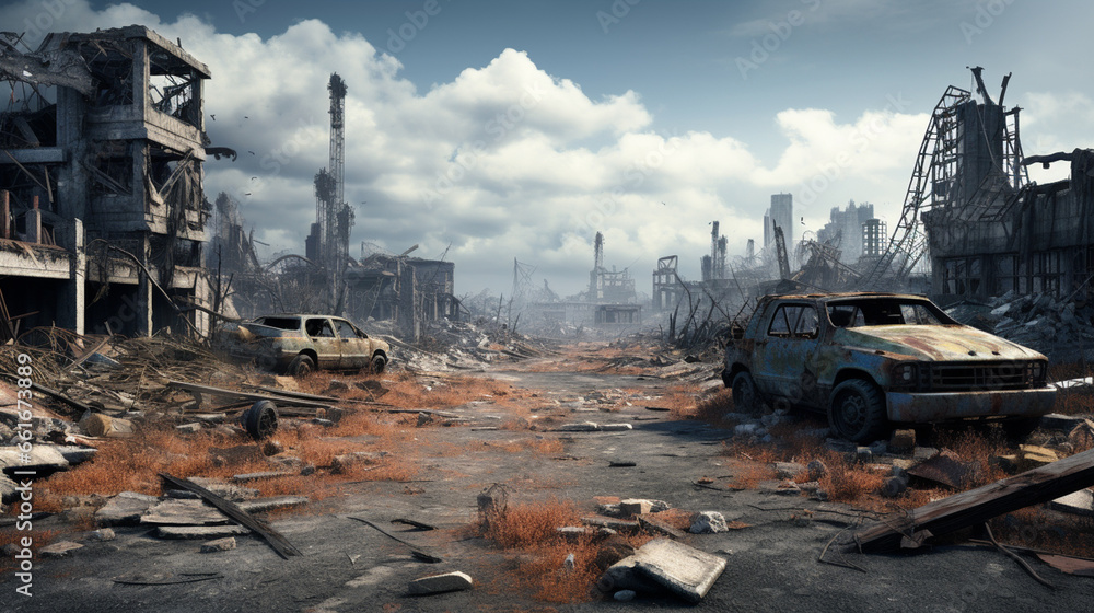 A post-apocalyptic ruined city. Destroyed buildings, burnt-out vehicles and ruined roads. ai