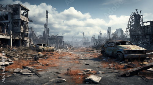 A post-apocalyptic ruined city. Destroyed buildings, burnt-out vehicles and ruined roads. ai
