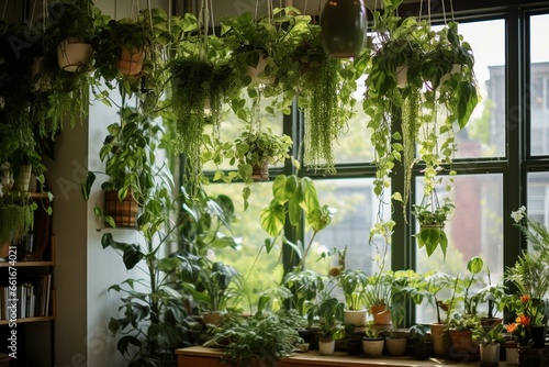 Experience the beauty of nature indoors with stunning hanging plants. Generative AI