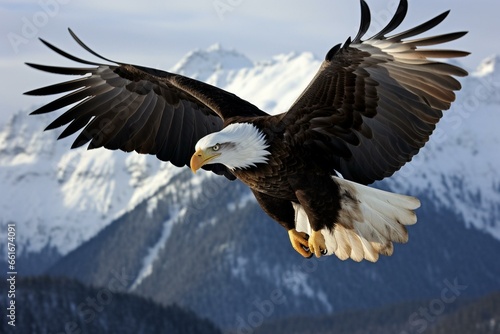 Bald eagle soars above towering peaks. Generative AI © Cecilia