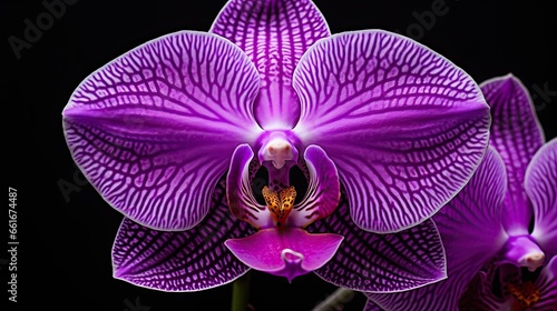 Portrait beautiful purple orchid flower isolated on black background AI Generative