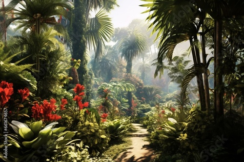 Tropical foliage with towering palms  lush greenery  and vibrant landscape. Generative AI