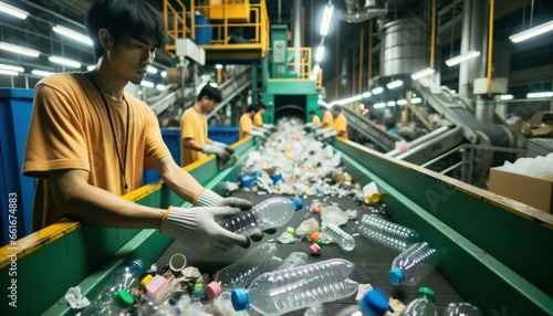 workers diligently sorting recyclables on a conveyor belt in an indoor facility.