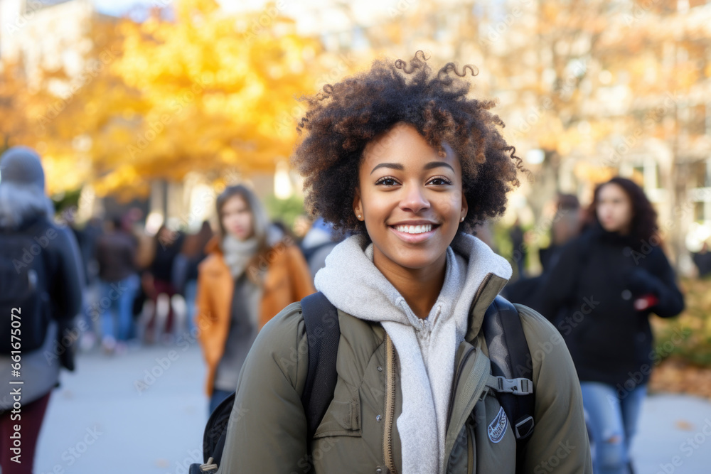Portrait of Black woman college student going back to school in crowd Portrait of Black woman college student going back to school in crowd