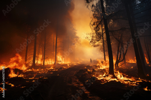 Road engulfed in fire with person walking on street in forest