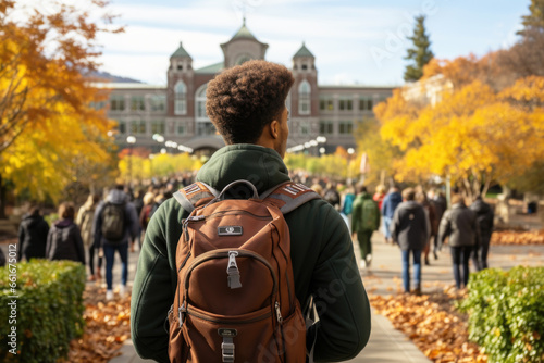Black college student going back to school with crowd of students photo