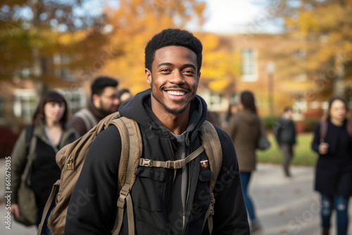 Portrait of Black college student going back to school on campus photo