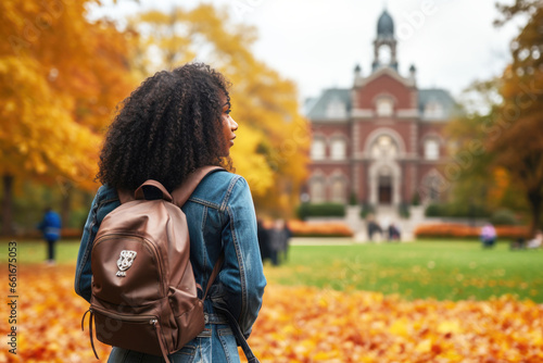 Black woman college student going back to school on fall college campus photo