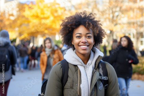 Portrait of Black woman college student going back to school in crowd