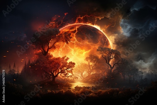 Earth on fire with Wildfire forest fire in climate change