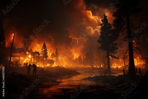 People running to escape a wildfire with hotel burning