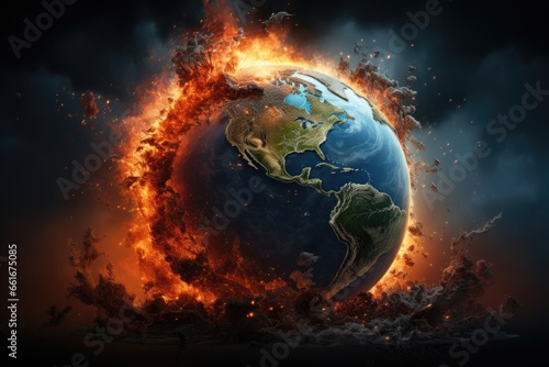 Earth globe on fire with wildfire fire in climate change