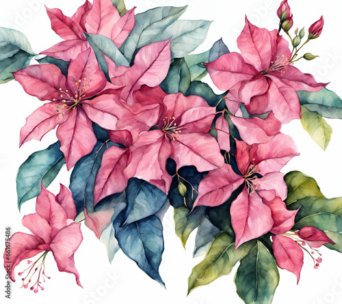 Bougainvillea flower with leafs, pastel watercolor drawing