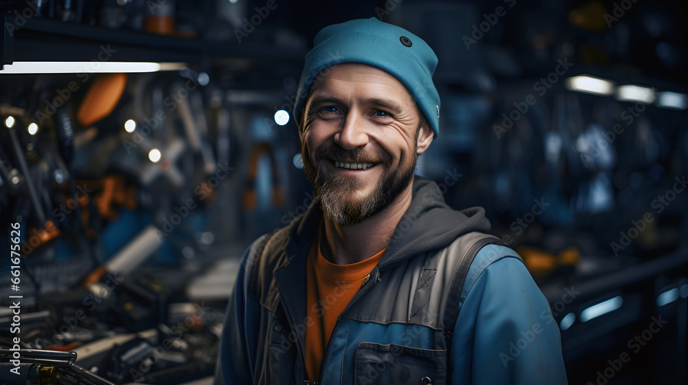 Happy middle-aged mechanic or factory worker in workshop - obrazy, fototapety, plakaty 
