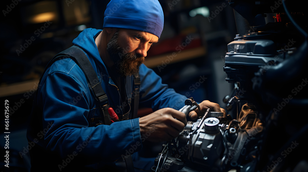 Mechanic concentrates working on a car motor in workshop
