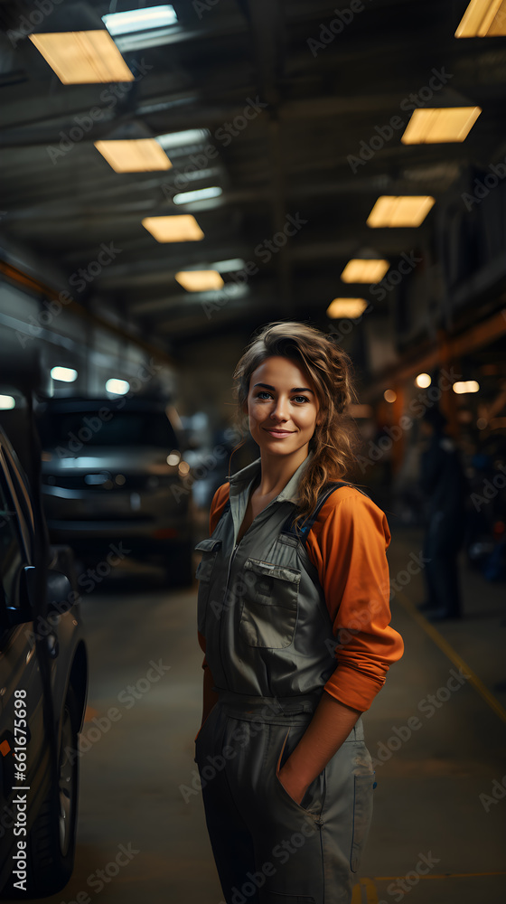 Happy young girl in a car garage workshop