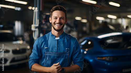 Smiling young man enjoying his time in the car repair shop or factory
