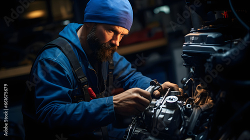 Mechanic concentrates working on a car motor in workshop