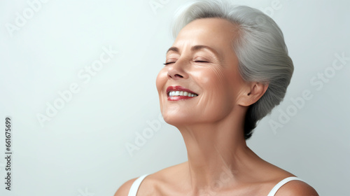 MATURE ELEGANT LADY SHOWING OFF HER SMOOTH SKIN. HORIZONTAL IMAGE. image created by legal AI