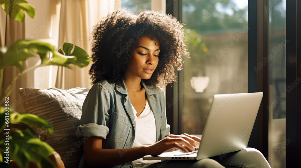 AFRICAN AMERICAN FEMALE WORKING ON LAPTOP, HORIZONTAL IMAGE. image created by legal AI AFRICAN AMERICAN FEMALE WORKING ON LAPTOP, HORIZONTAL IMAGE. image created by legal AI