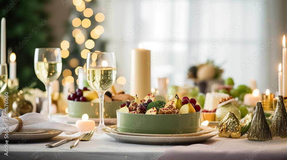 Elegant green theme table setting for Christmas and New year dinner, Generative ai