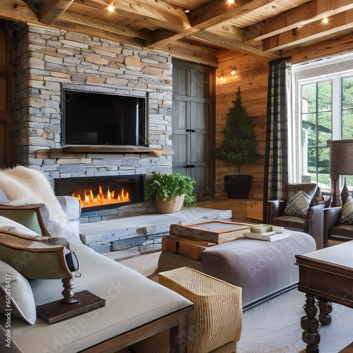 A cozy  cottage-style living room with exposed wood beams  a stone fireplace  and plaid upholstery1  Generative AI