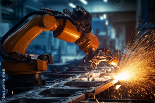 Advanced robot arms working in a hi-tech factory welding metals. Generative AI