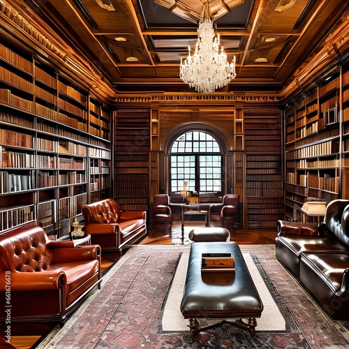 An elegant, Victorian-era library with rich mahogany bookshelves, leather armchairs, and a rolling ladder5, Generative AI