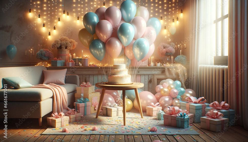 a beautiful outdoor birthday celebration captured in a realistic digital art style. The scene is elegant and whimsical, illuminated by the soft, warm light of the golden hour. 