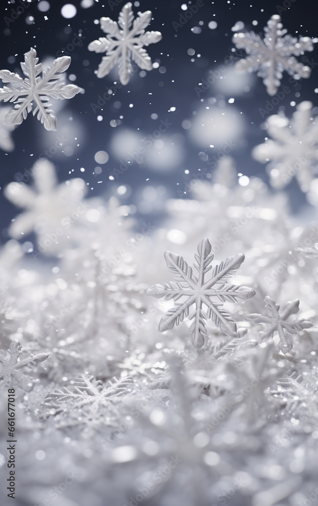 A close-up of snowflakes, with some resting on the ground and others suspended in the air. In the background, more snowflakes appear out of focus against a blue gradient. A close-up of snowflakes, with some resting on the ground and others suspended in the air. In the background, more snowflakes appear out of focus against a blue gradient.