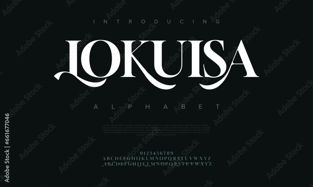 Lokuisa premium luxury elegant alphabet letters and numbers. Elegant wedding typography classic serif font decorative vintage retro. Creative vector illustration Lokuisa premium luxury elegant alphabet letters and numbers. Elegant wedding typography classic serif font decorative vintage retro. Creative vector illustration