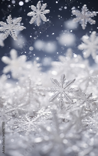 A close-up of snowflakes  with some resting on the ground and others suspended in the air. In the background  more snowflakes appear out of focus against a blue gradient.